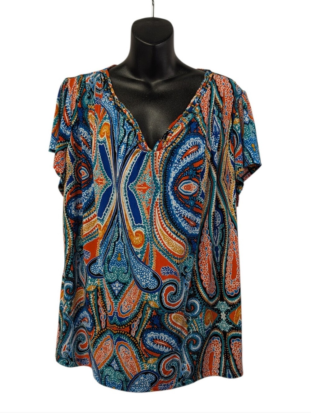 East 5th Womens Multicolor Paisley V-Neck Short Sleeve Beaded Blouse Plus Sz 3X